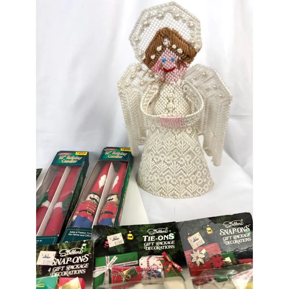 VTG Christmas Decoration Lot Bundle Tablecloth Ornaments Snap-Ons‎ Tie-Ons Decor